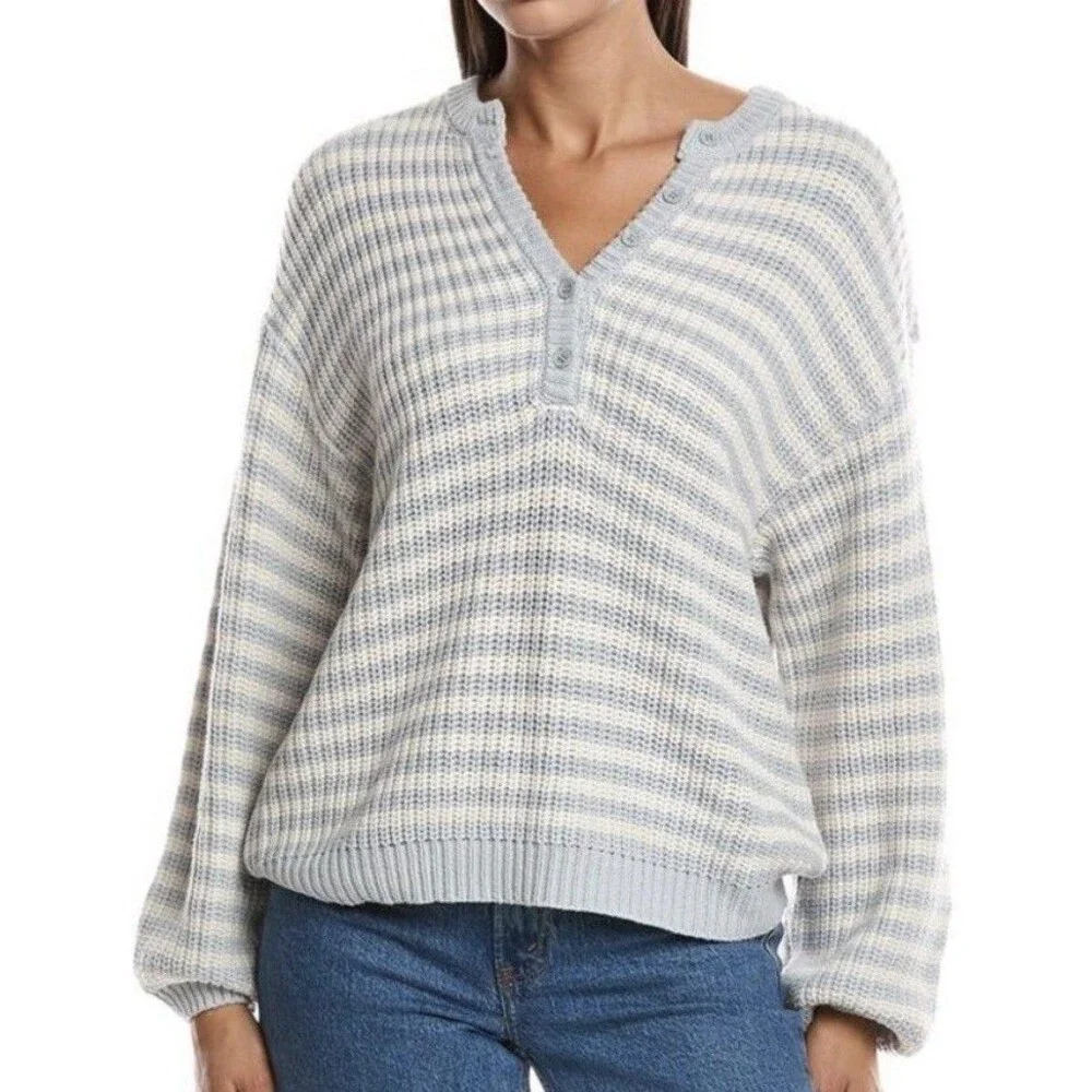 Anthro Saltwater LUXE Leilani Soft Rugby Sweater Sky Blue Ivory EUC Coastal